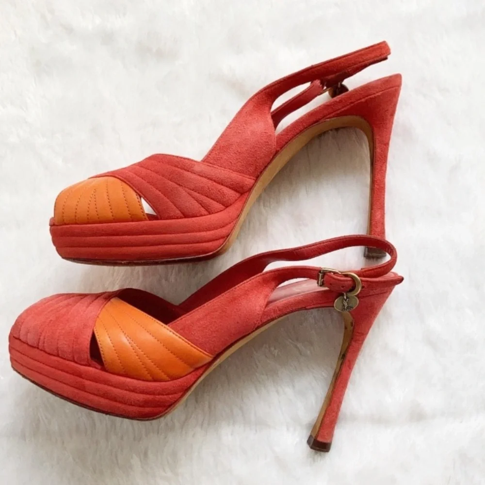 YSL Logo Palais 105 Orange and Coral Slingback Platform Heels, size 37.5 - Picture 10 of 11